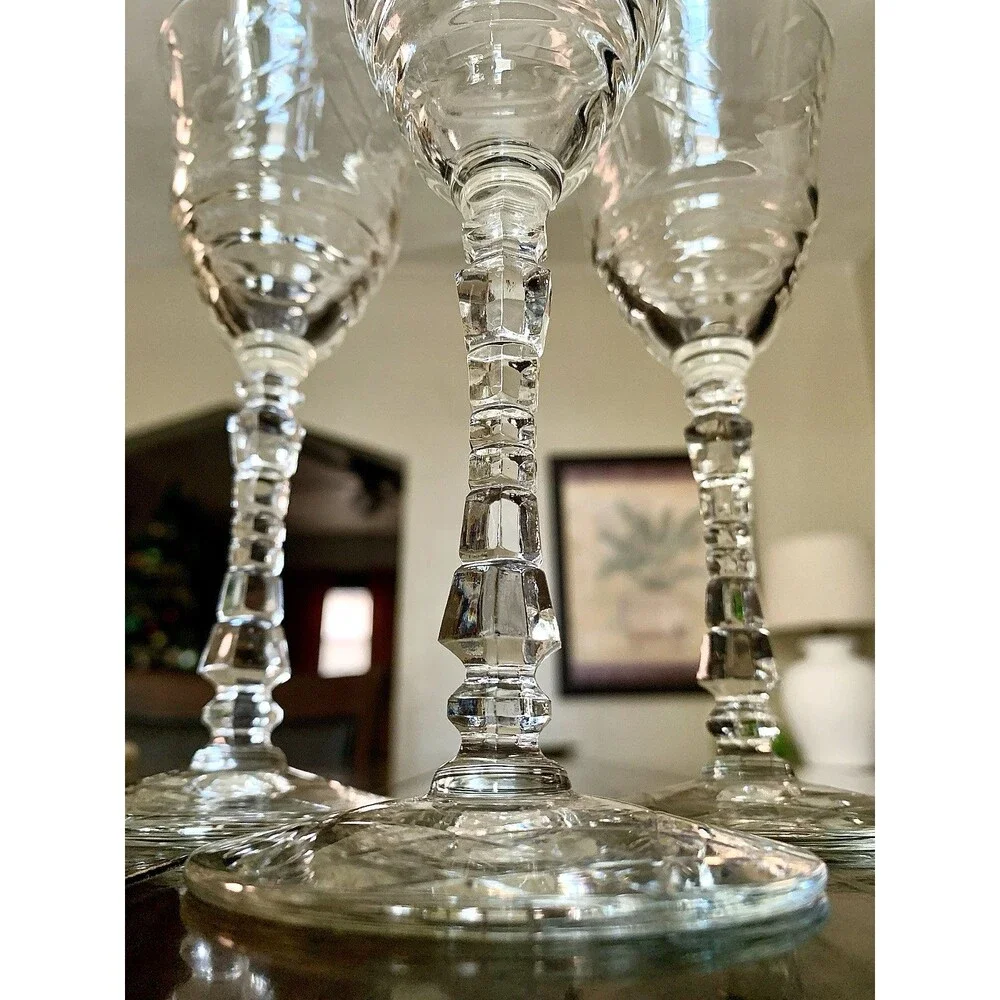 Vtg Libbey Rock Sharpe Artic Rose Crystal Water Goblets Set 5 Grandmillennial